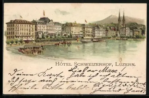 Lithographie Luzern, Hotel Schweizerhof mit Salondampfer