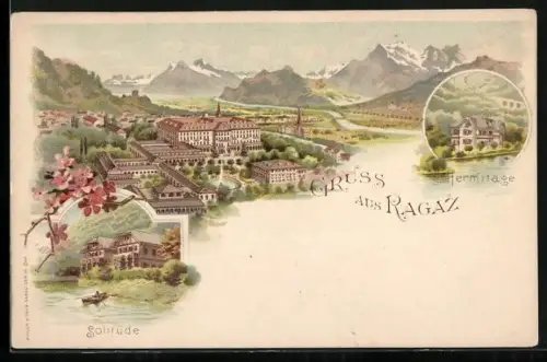 Lithographie Ragaz, Solitude, Hermitage, Teilansicht aus der Vogelschau