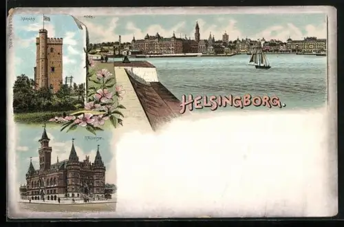 Lithographie Helsingborg, Panorama, Kärnan & Radhuset