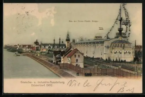 AK Düsseldorf, Gewerbe- u. Industrie-Ausstellung 1902, Bau der Fima Friedr. Krupp vom Rhein aus