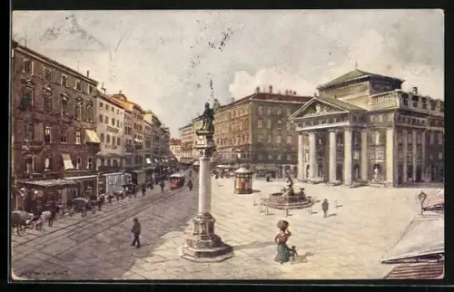 Künstler-AK Trieste / Triest, Piazza della Borsa, Strassenbahn