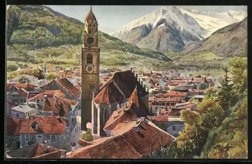 Künstler-AK J.Marschall: Meran, Teilansicht mit Kirche nach Westen