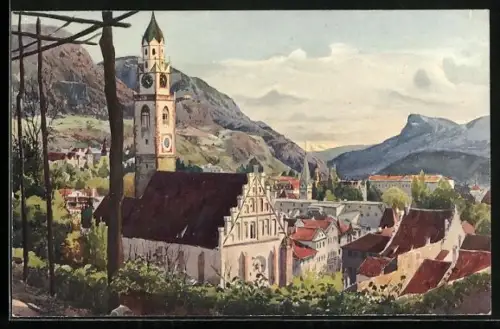 Künstler-AK J.Marschall: Meran, Ortspartie an der Pfarrkirche