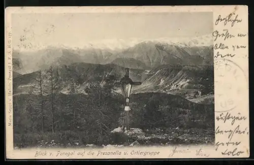 AK Blick vom Penegal auf Presenella und Ortlergruppe mit Flurkreuz