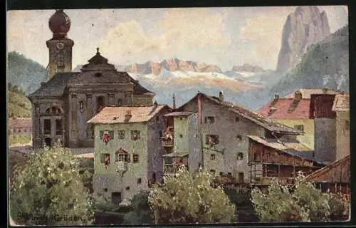 Künstler-AK Rudolf Alfred Höger: St. Ulrich-Gröden, Ortspartie mit Kirche