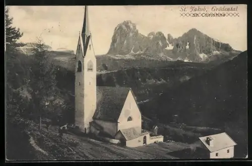 AK St. Christina, Kirche gegen schroffe Berggipfel