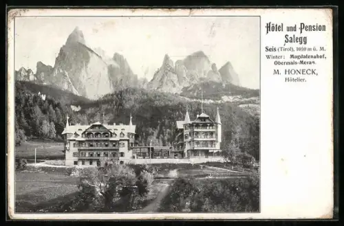 AK Seis, Hotel und Pension Salegg mit Bergpanorama