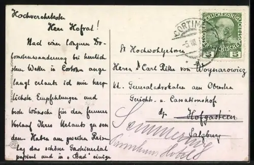 AK Cortina d`Ampezzo, Ortsansicht aus der Vogelschau gegen den Tofana