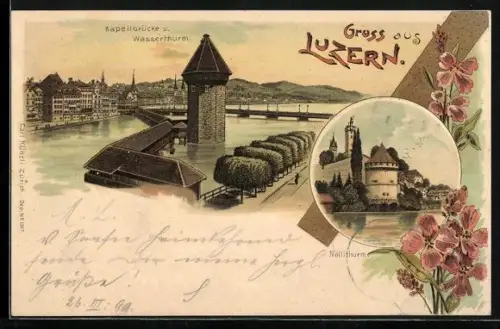 AK Luzern, Kapellbrücke und Wasserturm