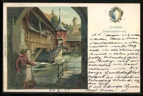 Künstler-AK Luzern, Angler an der Spreuerbrücke, Wappen
