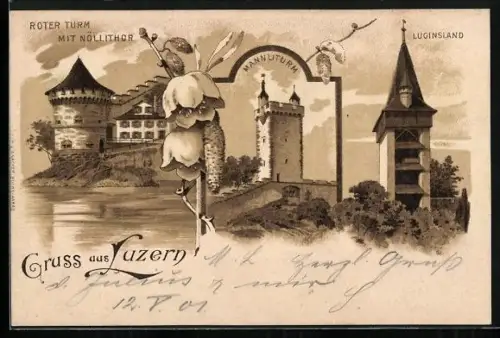Lithographie Luzern, Roter Turm mit Nöllithor, Mannliturm, Luginsland