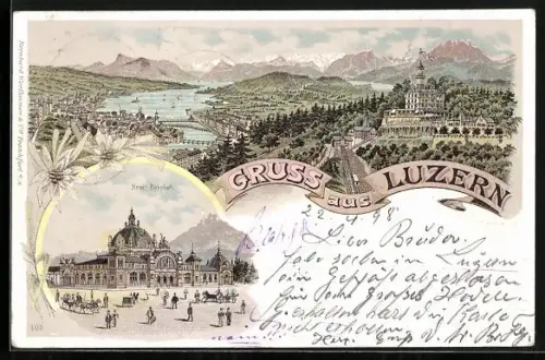 Lithographie Luzern, Ortsansicht aus der Vogelschau, Neuer Bahnhof