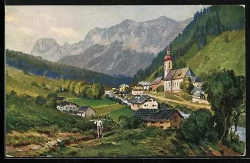 Künstler-AK Ramsau / Berchtesgaden, Ortsansicht mit Bergmassiv