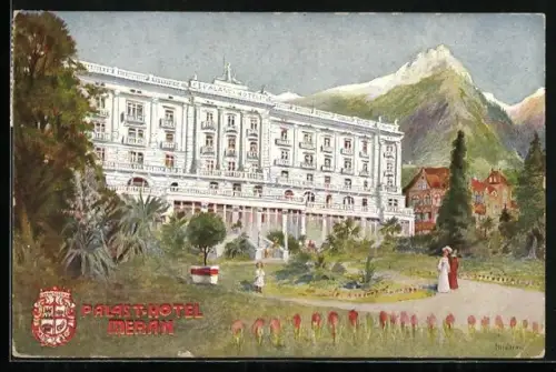 AK Meran, Spaziergang im Garten des Palast-Hotel