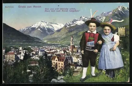 AK Meran, Ortsansicht mit Kindern in Tracht