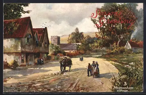 Künstler-AK Medmanham, Ortsansicht mit Kirche, Pferdekutsche