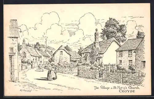 Künstler-AK Croyde, The Village & St. Mary`s Church