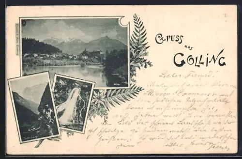 AK Golling, Wasserfall, Pass-Lueg, Ortsansicht vom Wasser aus