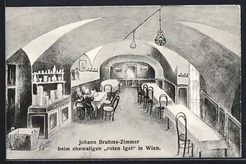 Künstler-AK Wien, Johannes Brahms-Zimmer beim ehemaligen Roten Igel, Innenansicht