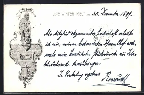 Künstler-AK Wien, Die Winter Igel, Allegorische Figur, Gasthaus-Schild Zum roten Igel, Bierkrug