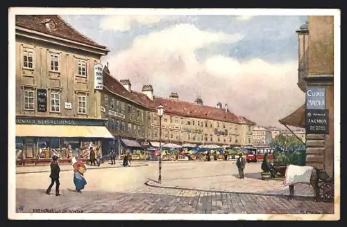 Künstler-AK R. Preuss: Wien, Freihaus auf der Wieden, Markt, Strassenbahn