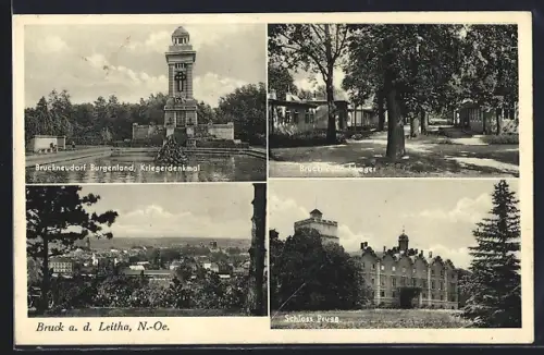 AK Bruck an der Leitha, Kriegerdenkmal, Schloss Prugg, Ortspartie