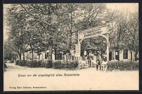 AK Wien, Gasthaus Knödelhütte K. Scheuer, Ansicht mit Toreingang