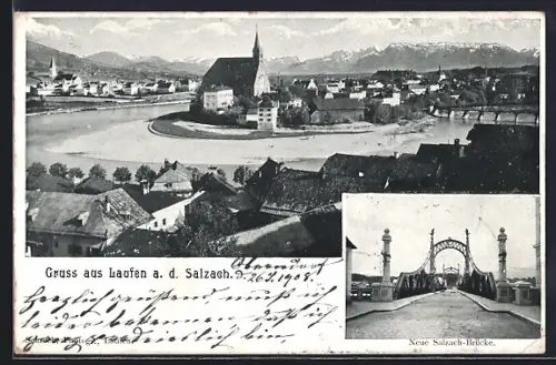 AK Laufen / Salzach, Neue Salzach-Brücke, Ortsansicht aus der Vogelschau