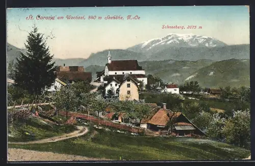 AK St. Corona am Wechsel, Strassenpartie mit Gehöft vor Bergpanorama mit dem Schneeberg