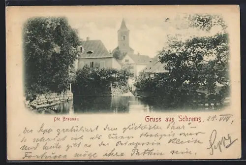 AK Schrems, Die Braunau, Ortspartie mit Kirche