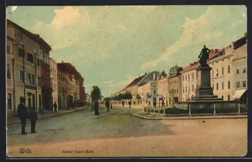 AK Wels, Kaiser Josef-Platz mit Denkmal