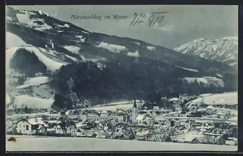 AK Mürzzuschlag, Teilansicht mit Umgebung im Winter