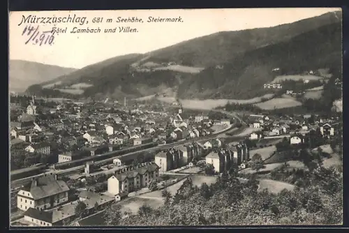 AK Mürzzuschlag, Teilansicht mit Hotel Lambach und Villen