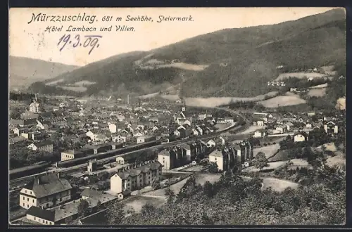 AK Mürzzuschlag /Steiermark, Hotel Lambach und Villen aus der Vogelschau
