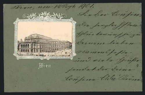 Präge-AK Wien, Gebäudeansicht mit Strasse aus der Vogelschau, Ornament-Rahmen