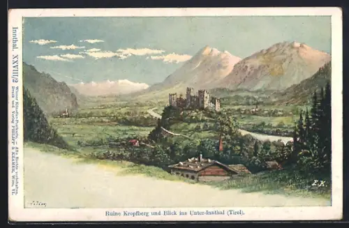 Künstler-AK Philipp + Kramer Nr. XXVIII /2: Reith, Blick zur Burgruine Kropfberg und ins Unter-Innthal