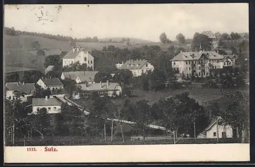 AK Sulz, Ortsansicht mit Turmgebäude aus der Vogelschau
