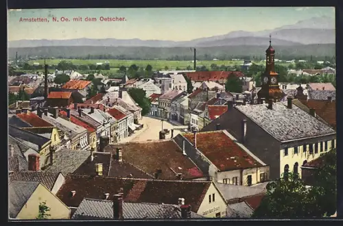 AK Amstetten, Teilansicht mit Kirche und Blick auf den Oetscher