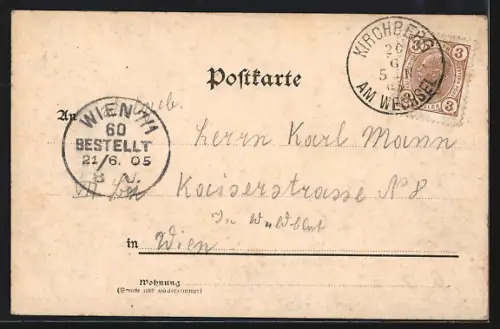 AK Kirchberg am Wechsel, Ortsansicht mit Feldern u. Bergen