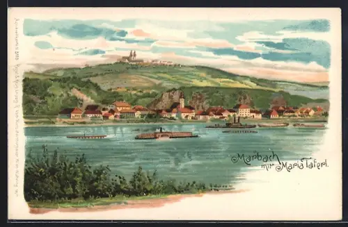 Lithographie Marbach /Donau, Panorama mit Maria Taferl & Dampfern