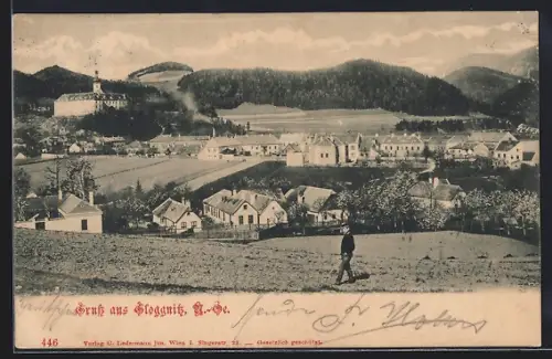 AK Gloggnitz, Totalansicht mit Bergpanorama