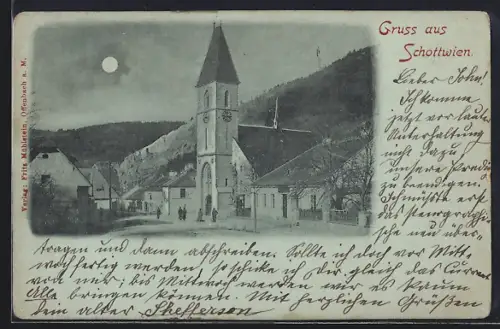 Mondschein-AK Schottwien, Ortspartie mit Kirche