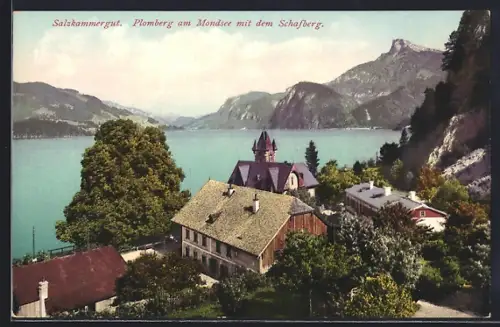 AK Plomberg /Mondsee, Ort mit Schafberg im Hintergrund