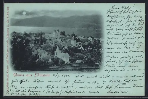 Mondschein-AK Millstatt, Totalansicht mit See und Bergen aus der Vogelschau