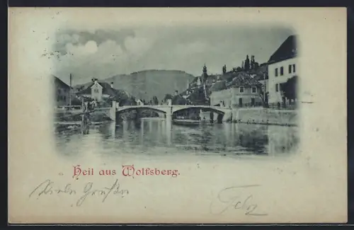 Mondschein-AK Wolfsberg, Brücke und Ortspanorama vom Wasser aus