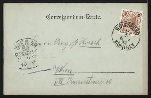 Mondschein-AK Wolfsberg, Brücke und Ortspanorama vom Wasser aus