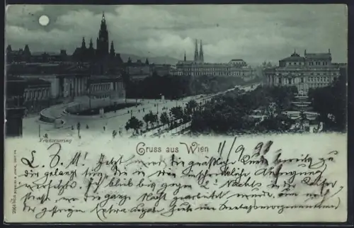 Mondschein-AK Wien, Franzensring mit Anlagen und Stadtpanorama aus der Vogelschau