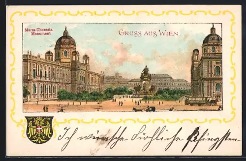 Lithographie Wien I, Maria-Theresia-Monument, Pferde-Tram, Wappen