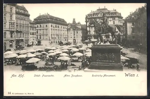 AK Wien, Am Hof, Städt. Feuerwehr, altes Zeughaus und Radetzky-Monument