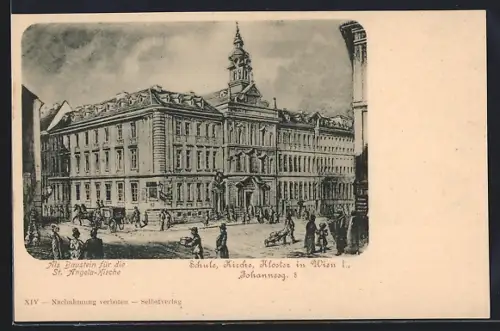 Künstler-AK Wien, Schule, Kirche, Kloster Johannesgasse 8, Bausteinkarte St. Angela-Kirche